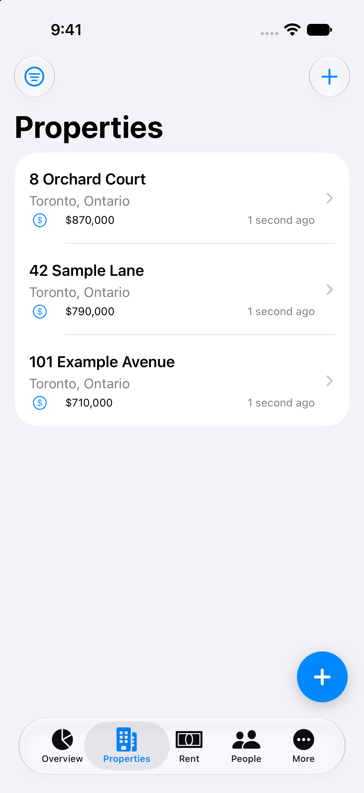 Your properties in Property Ledger Mobile, using fictional demonstration records