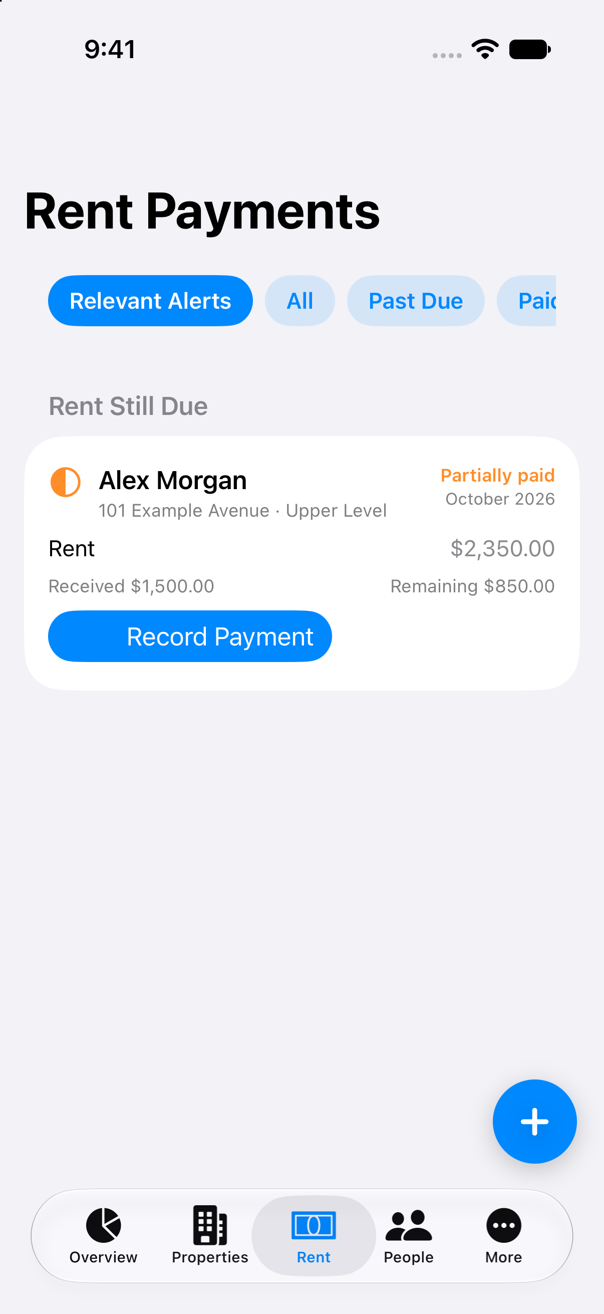 Rent Payments in Property Ledger Mobile, using fictional demonstration records