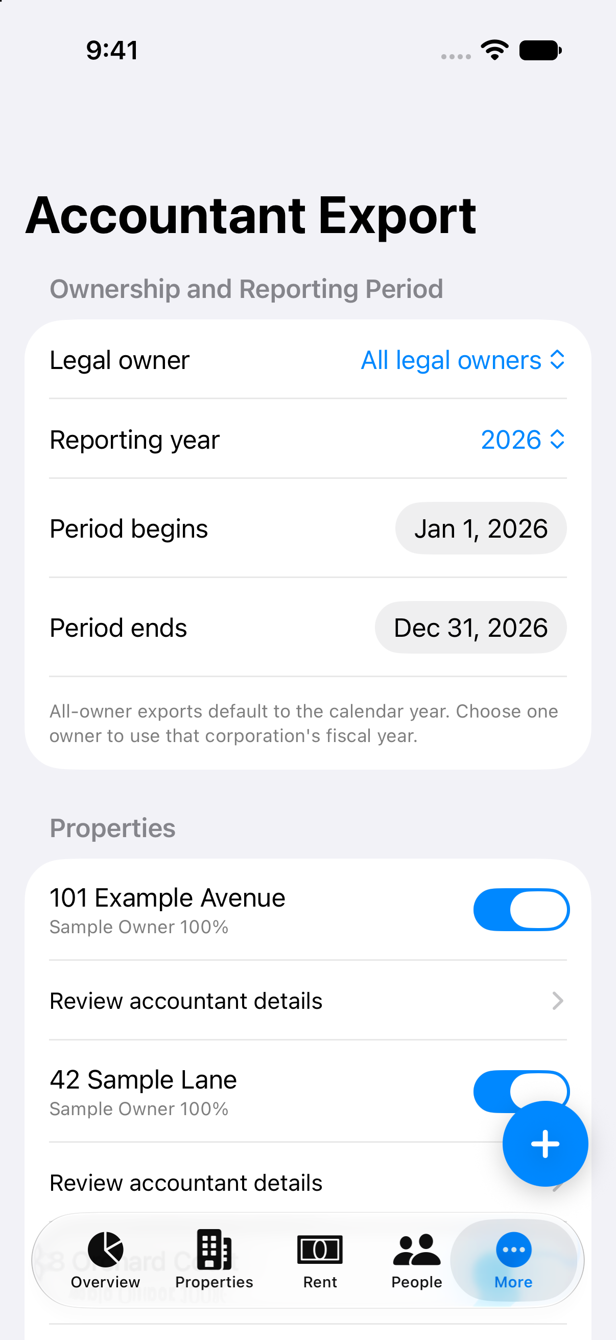 Accountant Export in Property Ledger Mobile, using fictional demonstration records