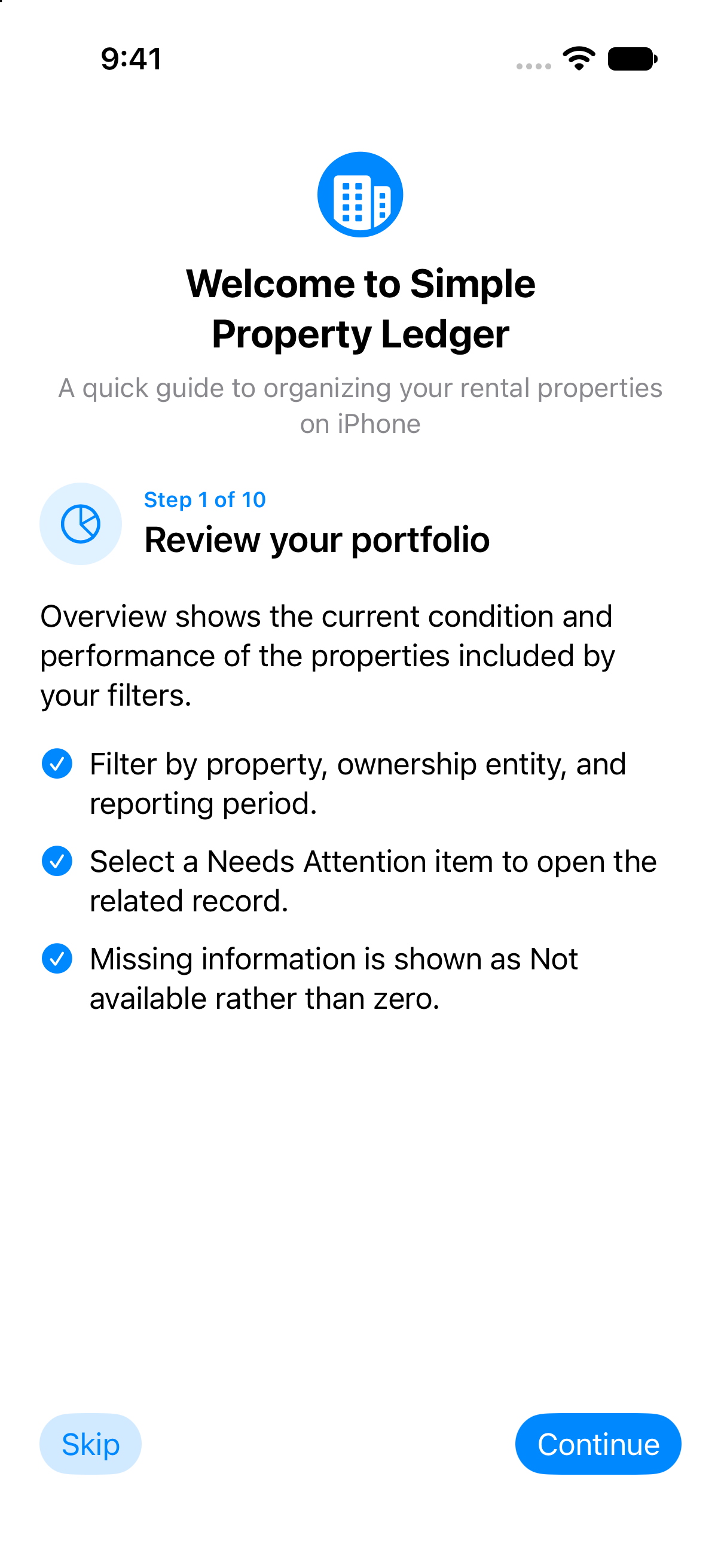 First-launch tutorial in Property Ledger Mobile, using fictional demonstration records