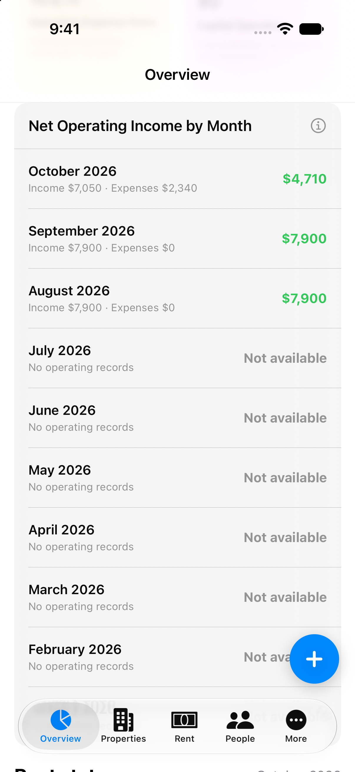 Month-by-month NOI in Property Ledger Mobile, using fictional demonstration records